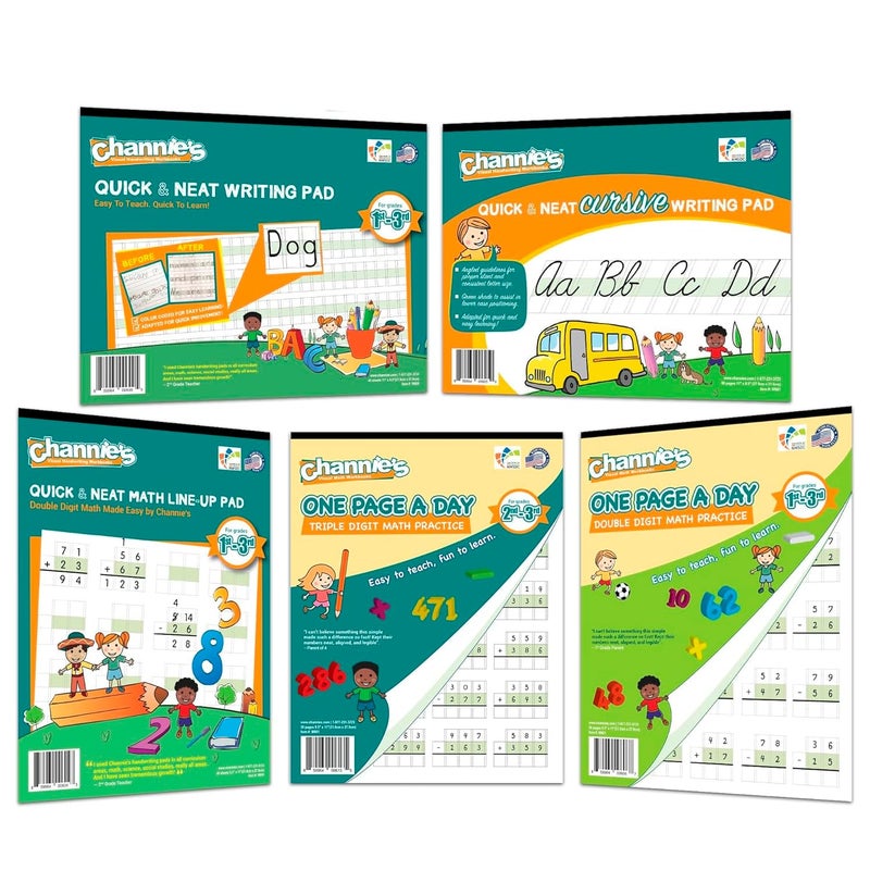 Channie's Best value Channieâ€™s Visual Math, Handwriting, and Cursive Bonus Pack of 5 Separate Workbooks, Grades 1st â€“ 3rd, With FREE Alphabet Card - Learning Workbook for Homeschool and After School - Image 1